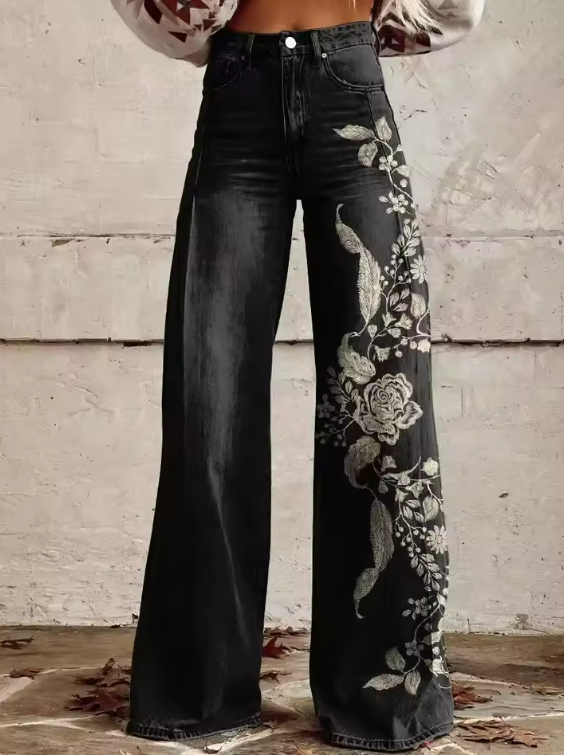 MARTINE | Eleganckie Vintage Czarne Kwiatowe Spodnie
