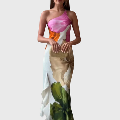 Elegancka patchworkowa sukienka maxi