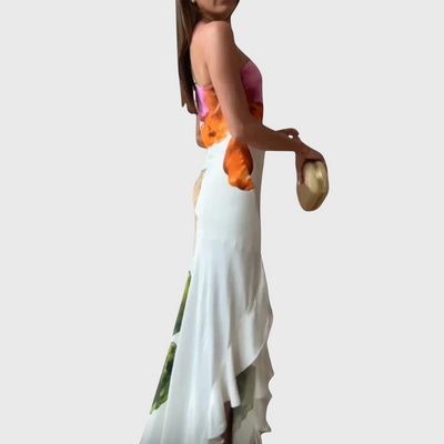 Elegancka patchworkowa sukienka maxi