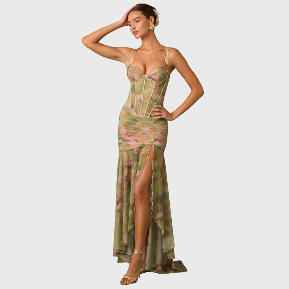 Drapowana sukienka maxi w kwiaty