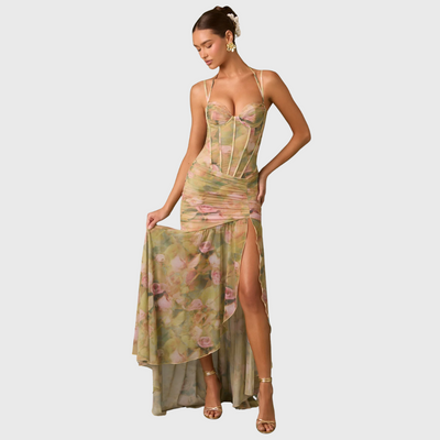Drapowana sukienka maxi w kwiaty