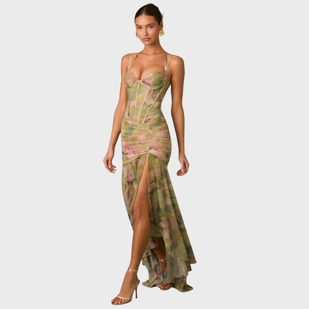 Drapowana sukienka maxi w kwiaty